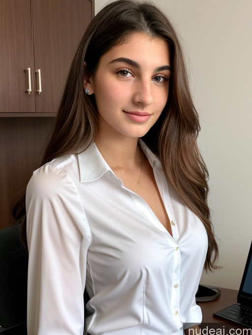 ai nude image of arafed woman in a white shirt sitting in front of a laptop pics of Sorority Beautiful Perfect Boobs Perfect Body 18 Sexy Face Jewish Office Blouse