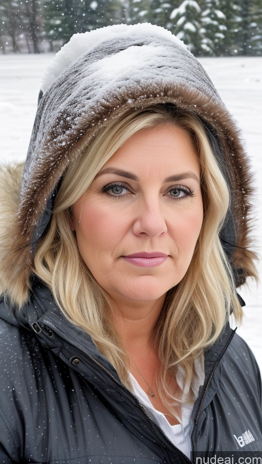 ai nude image of blond woman in a black jacket and a fur hat in the snow pics of Milf Chubby Fat Thick 30s Serious Blonde Messy White Snow Close-up View Parka Detailed