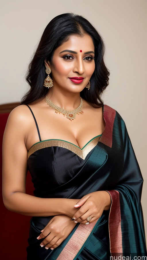 ai nude image of arafed woman in a black dress with a green and gold sari pics of Woman One Busty Beautiful Lipstick 40s Black Hair Slicked Indian Close-up View Sari