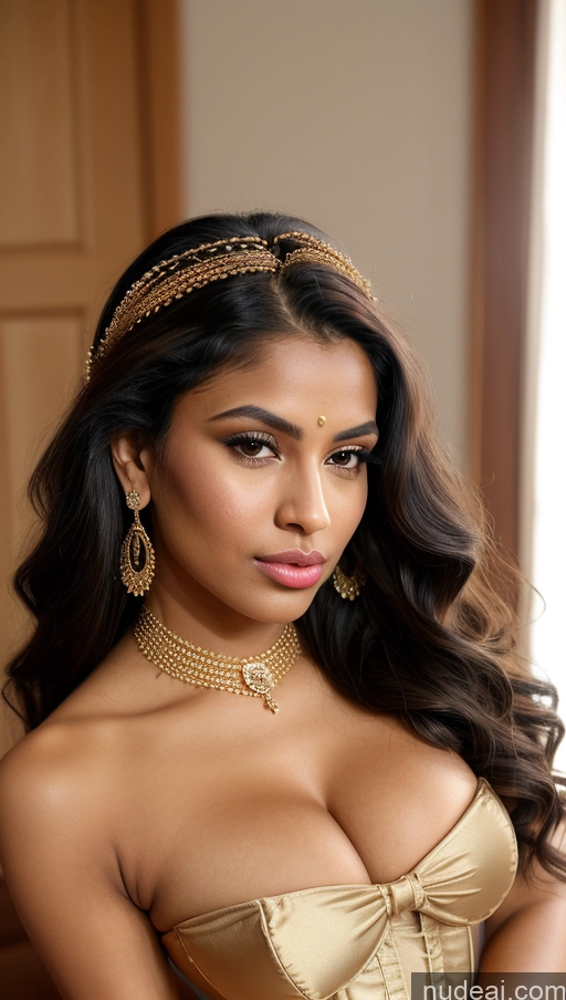 Sorority Busty Beautiful Perfect Body Long Hair Tanned Skin 20s Sad Seductive Pouting Lips Blonde Black Film Photo Sari Victorian Cleavage Gold Jewelry Detailed Genshin-ganyu, Bare Shoulders Corset Satin