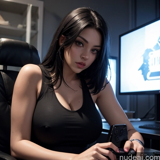 related ai porn images free for 18 Huge Boobs Black Hair Long Hair Woman Sexy Face Close-up View Gaming White Tank Top Dark Lighting Goth