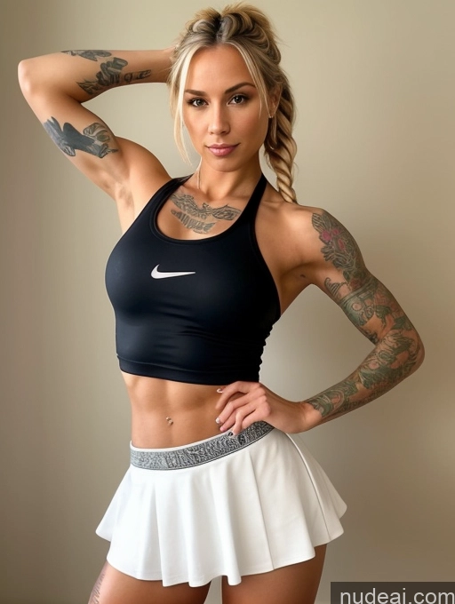 ai nude image of arafed woman with tattoos and a tennis skirt posing for a picture pics of One Lipstick Skinny Perfect Body Beautiful 20s Braided Seductive Perfect Boobs Tattoos Blonde British Muscular Abs Athlete Short Small Tits Big Hips Thick Tanned Skin T-pose Micro Skirt