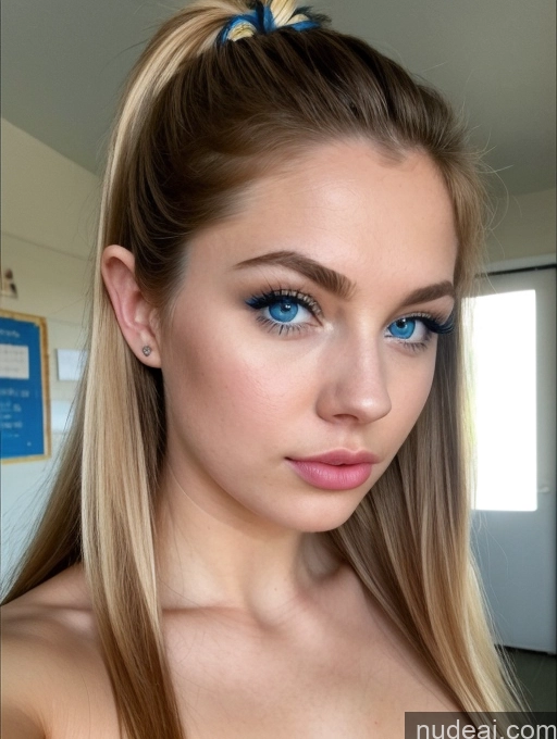 ai nude image of blond woman with blue eyes and a blue bow in her hair pics of Two 18 Pouting Lips Blonde Pigtails White Detailed School Hallway Deep Blue Eyes Nude Close-up View Create An Open Vagina