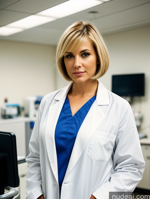 ai nude image of arafed woman in a lab coat standing in front of a computer pics of Woman Busty 40s Blonde Short Hair Dutch Film Photo Perfect Body Simple Hospital Lab Coat Doctor Serious