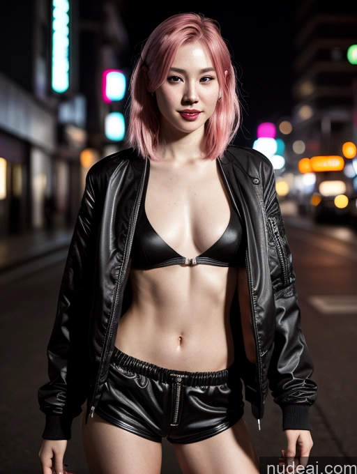 ai nude image of arafed woman in a black leather jacket and shorts posing for a picture pics of One Skinny Abs Short Fairer Skin 18 Happy Serious Pink Hair Long Hair Japanese Cyberpunk Street Topless Dark Lighting Bomber Short Shorts Goth