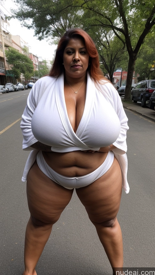 ai nude image of araffe woman in a white top and white pants posing for a picture pics of Milf Busty Huge Boobs Beautiful Muscular Big Ass Thick Big Hips Tall 60s Seductive Ginger T-pose Detailed Sexy Face Long Hair Indian Dark Skin Thong Bathrobe Fat Tattoos Street Front View