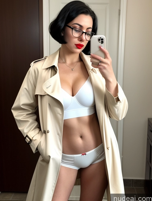 ai nude image of araffe woman in white underwear taking a selfie in a bathroom pics of Woman One Glasses Fairer Skin Lipstick Big Hips Short 20s Pouting Lips Black Hair White Short Hair Mirror Selfie Bathroom Front View T-pose Trench Coat 60s Underwear Wine Dark Lighting Cleavage