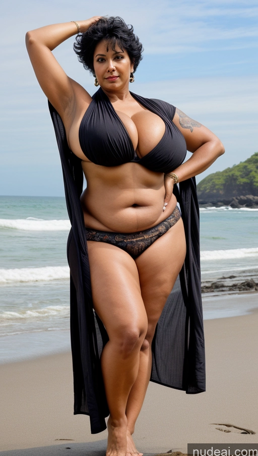 ai nude image of araffe woman in a black bikini and black shawl on the beach pics of Milf Busty Huge Boobs Beautiful Muscular Big Ass Thick Big Hips Tall 60s Detailed Sexy Face Indian Dark Skin Tattoos Pixie Kimono Sari Black Hair T-pose Seductive Beach Fat Front View