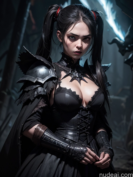 ai nude image of arafed woman in a black dress with a sword and armor pics of Shocked Angry Black Hair Dark Lighting Filipina Skinny 18 Small Tits Pigtails Goth Dark_Fantasy_Style Death Knight Medieval Alternative Several Witch Dynamic View Hell Woman + Man