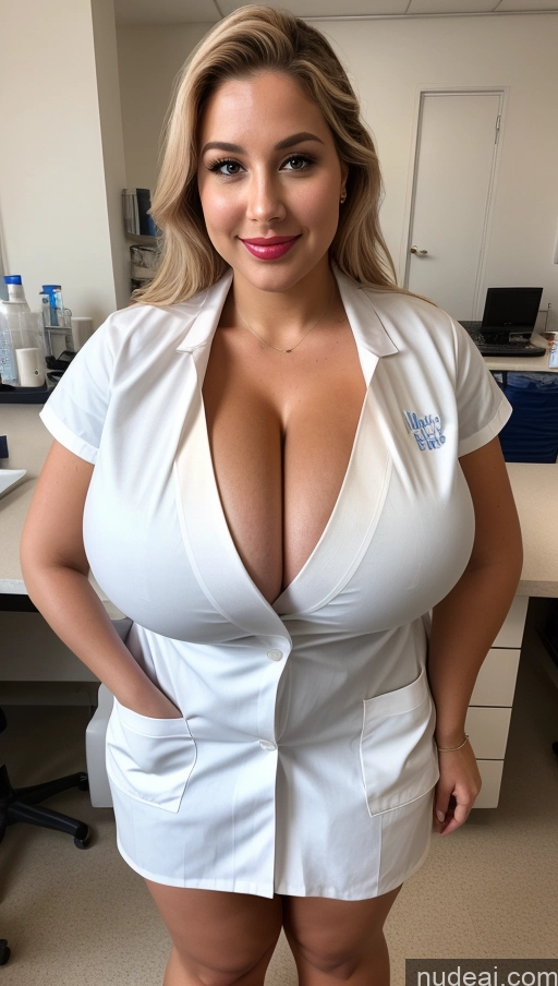 ai nude image of arafed woman in a white shirt and short skirt posing for a picture pics of Huge Boobs Busty Perfect Boobs Beautiful Big Ass Thick Perfect Body Lipstick Big Hips Nurse Hospital Lab Coat Nude Cleavage Detailed