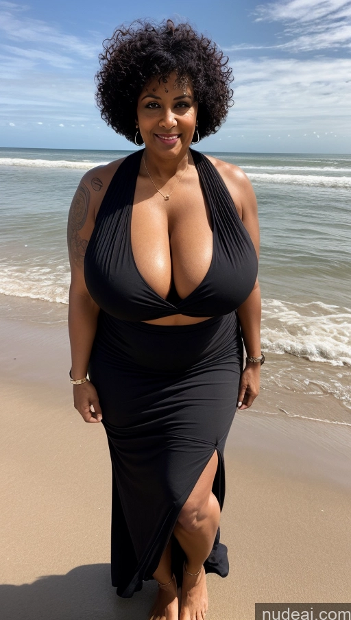 ai nude image of araffe woman in a black dress standing on a beach pics of Milf Huge Boobs Beautiful Tattoos Muscular Big Ass Thick Big Hips Tall Curly Hair Dark Skin 60s Seductive Detailed Sexy Face T-pose Indian Busty Blouse Fat Front View Long Skirt Beach Black Hair