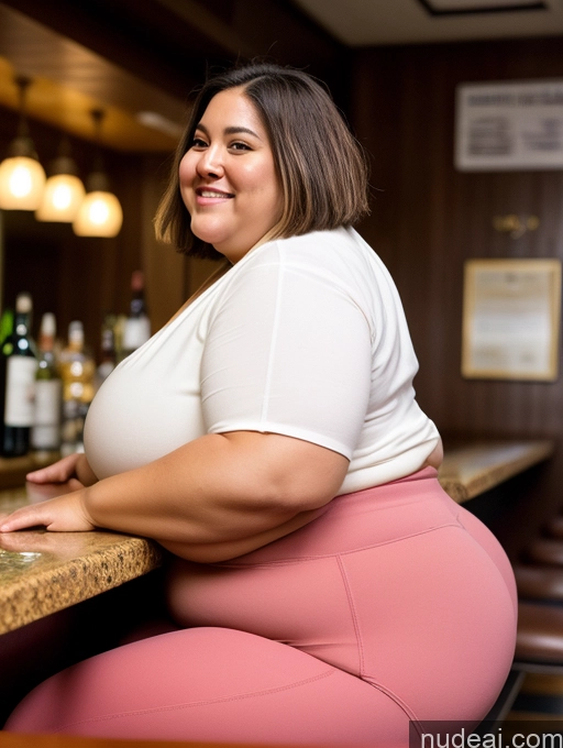 ai nude image of araffe woman sitting at a bar with a glass of wine pics of Sorority Huge Boobs Fat Big Ass Big Hips Short Tanned Skin 20s Happy Brunette Short Hair Italian Blouse Yoga Pants Obese Auntjunev3 Bar Full Frontal