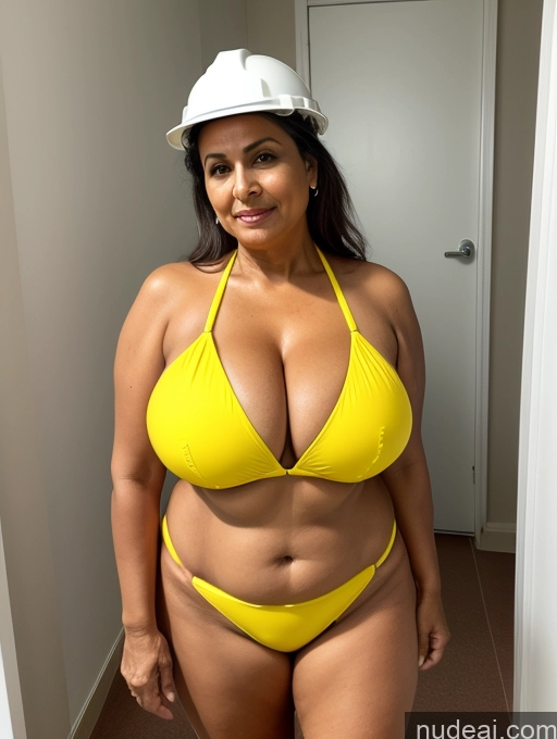 ai nude image of arafed woman in a yellow bikini and hard hat posing for a picture pics of Milf One Busty Huge Boobs Thick Tanned Skin 70s Front View Microkini Thong Indian Construction Worker Hospital