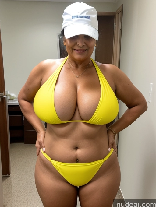 ai nude image of arafed woman in a yellow bikini posing for a picture pics of Milf One Busty Huge Boobs Thick Tanned Skin 70s Front View Microkini Thong Indian Construction Worker Hospital