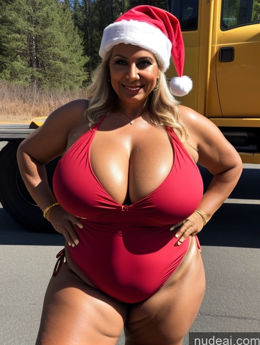 ai nude image of araffe woman in a red swimsuit and santa hat posing for a picture pics of Milf One Busty Huge Boobs Thick Tanned Skin Front View Microkini Thong Indian Construction Worker Lumberjack Santa 60s