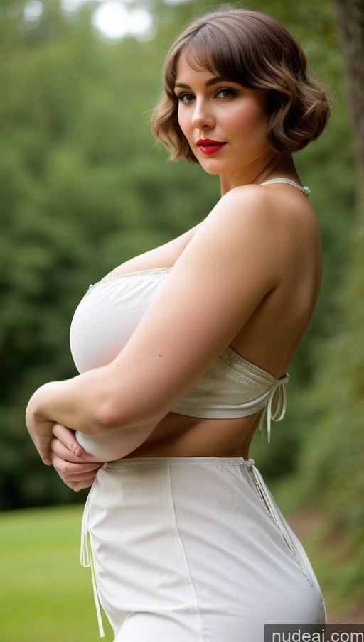 ai nude image of araffe woman in white dress posing for a picture in a park pics of Huge Boobs Perfect Boobs Beautiful Busty Big Ass Thick Big Hips Perfect Body Pubic Hair Cleavage Western Lipstick Medieval Victorian Vintage Side View Short Hair