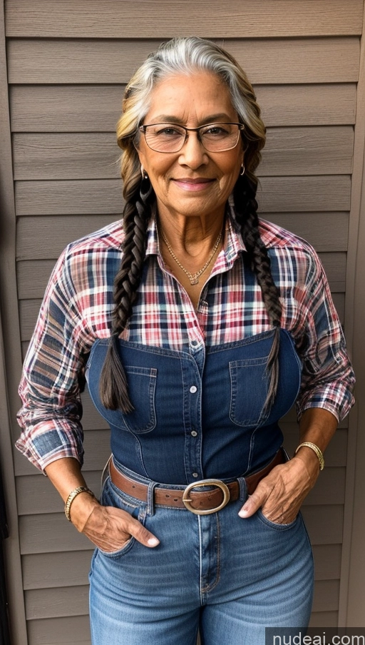 ai nude image of a close up of a woman wearing a plaid shirt and denim overalls pics of Muscular Abs Tall 80s Braided Dark Skin Western Milf Lumberjack Shirt Jeans Tanned Skin Glasses Native American