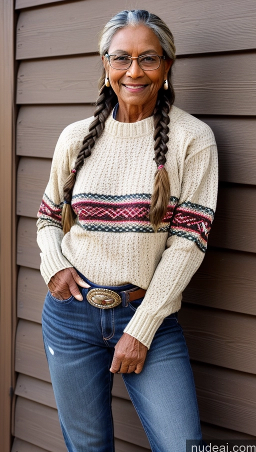 ai nude image of smiling woman with braids and a sweater standing against a wall pics of Muscular Abs 80s Braided Dark Skin Western Milf Lumberjack Jeans Tanned Skin Glasses Native American Sweater