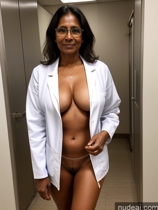 ai nude image of arafed woman in a lab coat and glasses posing naked pics of Milf Two Perfect Boobs Perfect Body Dark Skin 70s Indian Bra Jacket Jeans Professor Secretary Cleavage Partially Nude Detailed Nude Pubic Hair Hospital Lab Coat