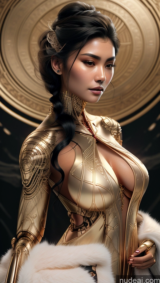 ai nude image of araffe woman in gold dress with fur coat and gold ring pics of Busty Pubic Hair Tanned Skin Futuristicbot V2 Phoenixdress Huge Tits, Hard Nipples Skin Detail (beta) Filipina Vampire