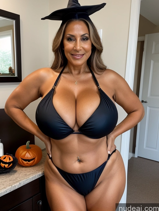 related ai porn images free for Milf One Busty Huge Boobs Thick Tanned Skin Front View Microkini Thong 70s Brazilian Halloween Witch Maid