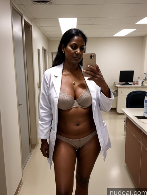 ai nude image of arafed woman in a lab coat taking a selfie in a hospital hallway pics of Milf Two Perfect Boobs Perfect Body Dark Skin 70s Indian Bra Jacket Jeans Professor Secretary Cleavage Partially Nude Detailed Nude Pubic Hair Hospital Lab Coat