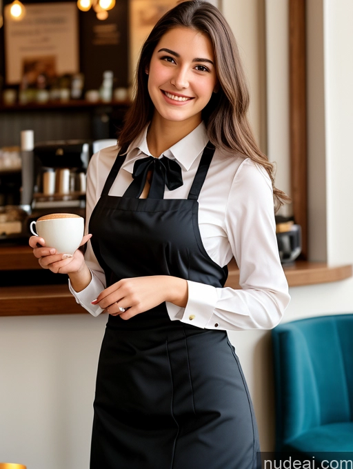 ai nude image of arafed woman in a black apron holding a cup of coffee pics of Sorority Beautiful 18 Jewish Perfect Body Perfect Boobs Secretary Blouse Cafe Happy