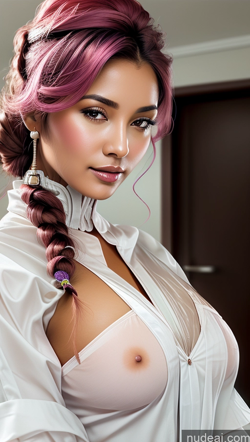 ai nude image of there is a woman with pink hair and a white shirt pics of Busty Pubic Hair Tanned Skin Huge Tits, Hard Nipples French Futuristicbot V2 Phoenixdress Close-up View Dark Skin Pink Hair Maid