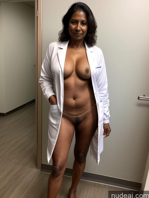 ai nude image of arafed woman in a lab coat posing naked in a bathroom pics of Milf Two Perfect Boobs Perfect Body Dark Skin 70s Indian Bra Jacket Jeans Professor Secretary Cleavage Partially Nude Detailed Nude Pubic Hair Hospital Lab Coat