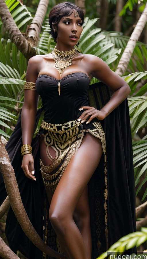 Athlete One Busty Perfect Boobs Beautiful Long Legs Tall Thick Dark Skin Warrior Princesses 30s Seductive Sexy Face Black Hair Short Hair African Dark Fantasy Jungle Dynamic View Fantasy Armor African Doll Likeness Gold Jewelry Jewelry