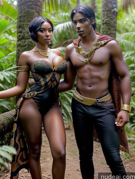 ai nude image of araffes in a black and gold costume and a man in a black suit pics of One Woman + Man Busty Perfect Boobs Beautiful Thick Tall Long Legs Dark Skin Round Ass 20s Seductive Sexy Face Black Hair Short Hair African Dark Fantasy Jungle Dynamic View Fantasy Armor African Doll Likeness Gold Jewelry Jewelry Dark Lighting