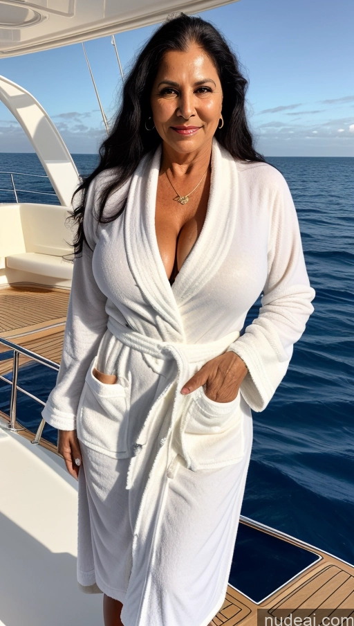 ai nude image of woman in white robe standing on a boat in the ocean pics of Milf One Busty Big Ass 70s Long Hair Indian Yacht Bathrobe Cleavage Bright Lighting Black Hair