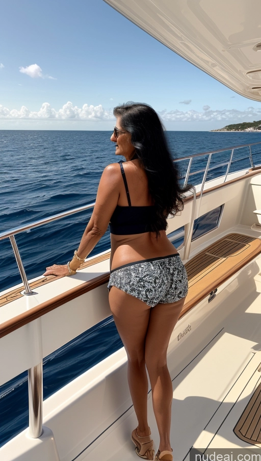 ai nude image of woman in a bikini on a boat looking out at the ocean pics of Milf One Busty Big Ass Long Hair Indian Yacht Cleavage Bright Lighting Black Hair 80s Short Shorts