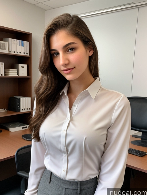 ai nude image of arafed woman in a white shirt and grey skirt standing in an office pics of Sorority Beautiful Perfect Boobs Perfect Body 18 Jewish Office Blouse