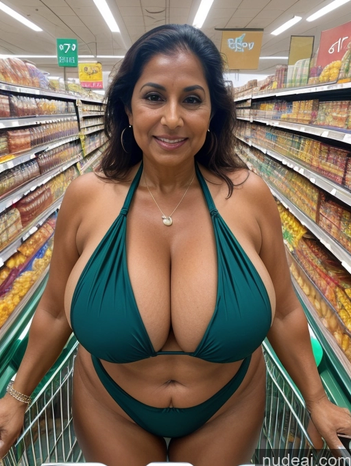 ai nude image of arafed woman in a bikini standing in a grocery cart pics of Milf One 60s Busty Huge Boobs Tanned Skin Thick Front View Microkini Indian Grocery