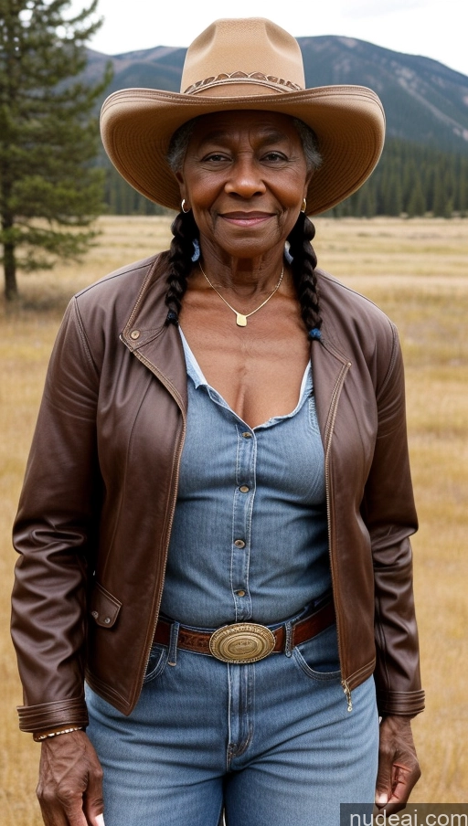 ai nude image of smiling woman in cowboy hat and jeans standing in a field pics of Muscular Abs Thick Dark Skin Western 80s Braided Pubic Hair Hat Jacket