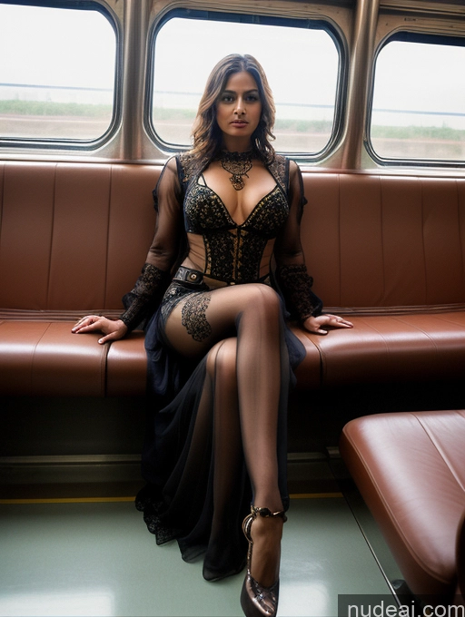 ai nude image of there is a woman sitting on a train seat wearing a black dress pics of Woman Two Beautiful Perfect Body 30s Indian Steampunk Train Transparent Detailed