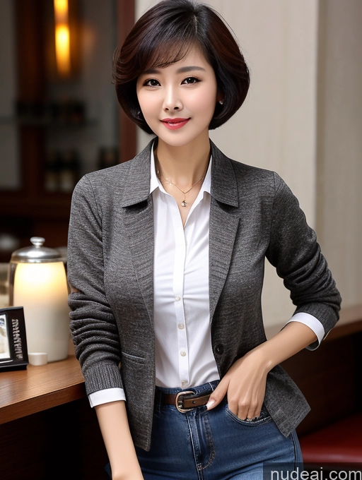 related ai porn images free for Milf Perfect Boobs Perfect Body Beautiful Sexy Face Short Hair Cafe Jacket Jeans Casual Stylish Secretary Professor Shirt Sweater Cleavage Detailed Chinese 70s Dark Lighting