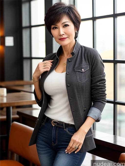 related ai porn images free for Milf Perfect Boobs Perfect Body Beautiful Sexy Face Short Hair Cafe Jacket Jeans Casual Stylish Secretary Professor Shirt Sweater Cleavage Detailed Chinese 70s Dark Lighting