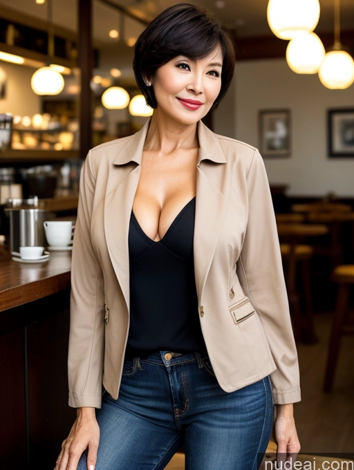 related ai porn images free for Milf Perfect Boobs Perfect Body Beautiful Sexy Face Short Hair Cafe Jacket Jeans Casual Stylish Secretary Professor Shirt Sweater Cleavage Detailed Chinese 70s Dark Lighting