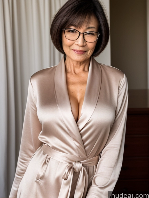 ai nude image of arafed woman in a robe and glasses posing for a picture pics of Milf Two Perfect Boobs Beautiful Glasses Perfect Body Pubic Hair 70s Sexy Face Short Hair Chinese Skin Detail (beta) Party Professor Stylish Shirt Bathrobe Bra Casual Nude Blouse Detailed Dark Lighting