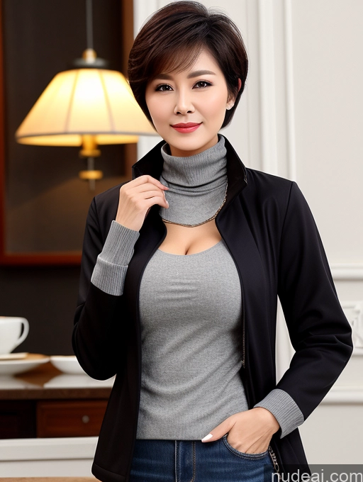 related ai porn images free for Milf Perfect Boobs Perfect Body Beautiful Sexy Face Short Hair Cafe Jacket Jeans Casual Stylish Secretary Professor Shirt Sweater Cleavage Detailed Chinese 70s Dark Lighting