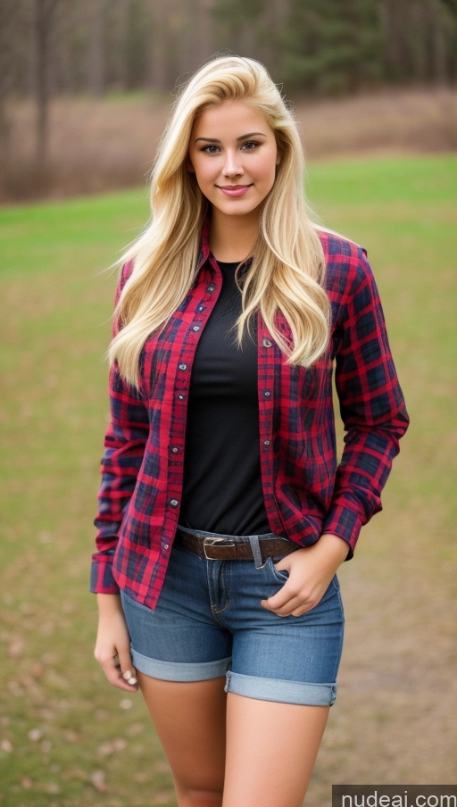 ai nude image of a woman in a red and black plaid shirt and denim shorts pics of 18 Busty Blonde Slicked Egyptian Lumberjack