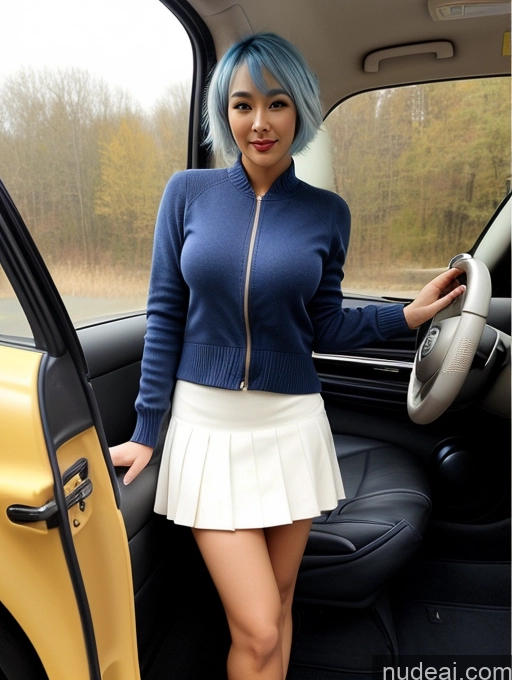 ai nude image of arafed woman in a blue jacket and white skirt standing in a car pics of Model Busty Small Tits Beautiful Perfect Body 30s Sexy Face Blue Hair Pixie Chinese Blouse Stylish Teacher High Heels Mini Skirt Jacket Detailed Sweater Car Topless