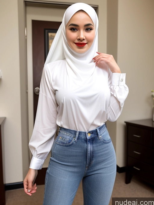 ai nude image of there is a woman wearing a white shirt and jeans posing for a picture pics of Sorority One Perfect Boobs Beautiful Lipstick Thick Short Perfect Body Fairer Skin 20s Indonesian Jeans Niqab Blouse