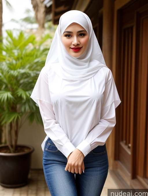 ai nude image of araffe wearing a white shirt and jeans standing in front of a building pics of Sorority One Perfect Boobs Beautiful Lipstick Thick Short Perfect Body Fairer Skin 20s Indonesian Jeans Niqab Blouse Traditional