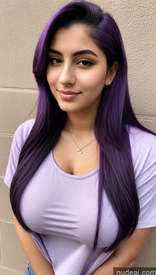 ai nude image of a close up of a woman with purple hair and a white shirt pics of 18 Busty Slicked Egyptian Casual Purple Hair