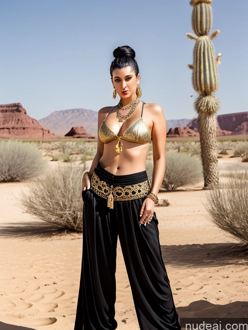 ai nude image of araffe woman in a gold bikini and black pants in the desert pics of Milf One Thick Long Legs Tall Warrior Princesses 20s Serious Seductive Sexy Face Black Hair Hair Tied Up Arabic Dark Fantasy Oasis Harem Pants Jewelry Gold Jewelry