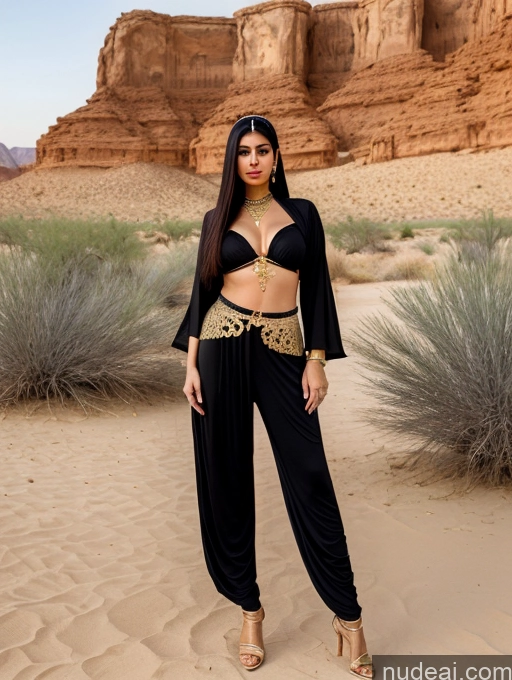 ai nude image of araffe woman in black outfit standing in desert with desert background pics of Milf One Thick Long Legs Tall Warrior Princesses 20s Serious Seductive Sexy Face Black Hair Hair Tied Up Arabic Dark Fantasy Oasis Harem Pants Jewelry Gold Jewelry Beautiful Perfect Boobs