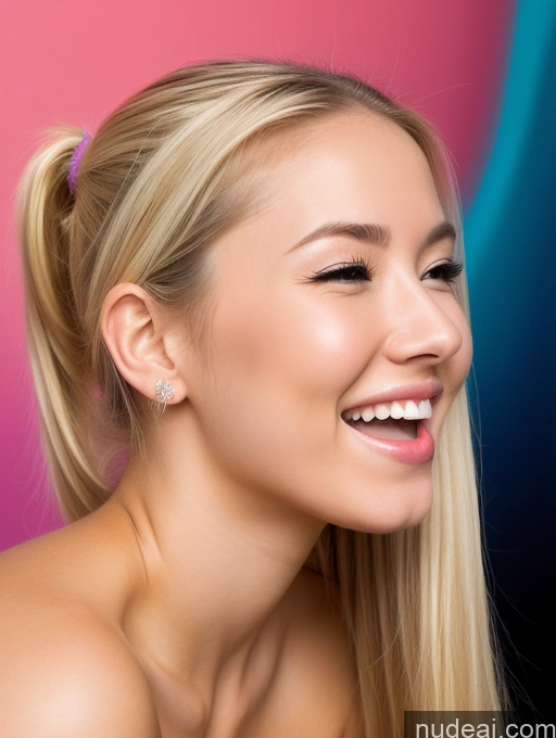 ai nude image of blond woman with a smile on her face and a pink background pics of Small Tits 18 Happy Big Ass Skinny Blonde Pigtails Asian Surrealist Strip Club Side View Blowjob Nude